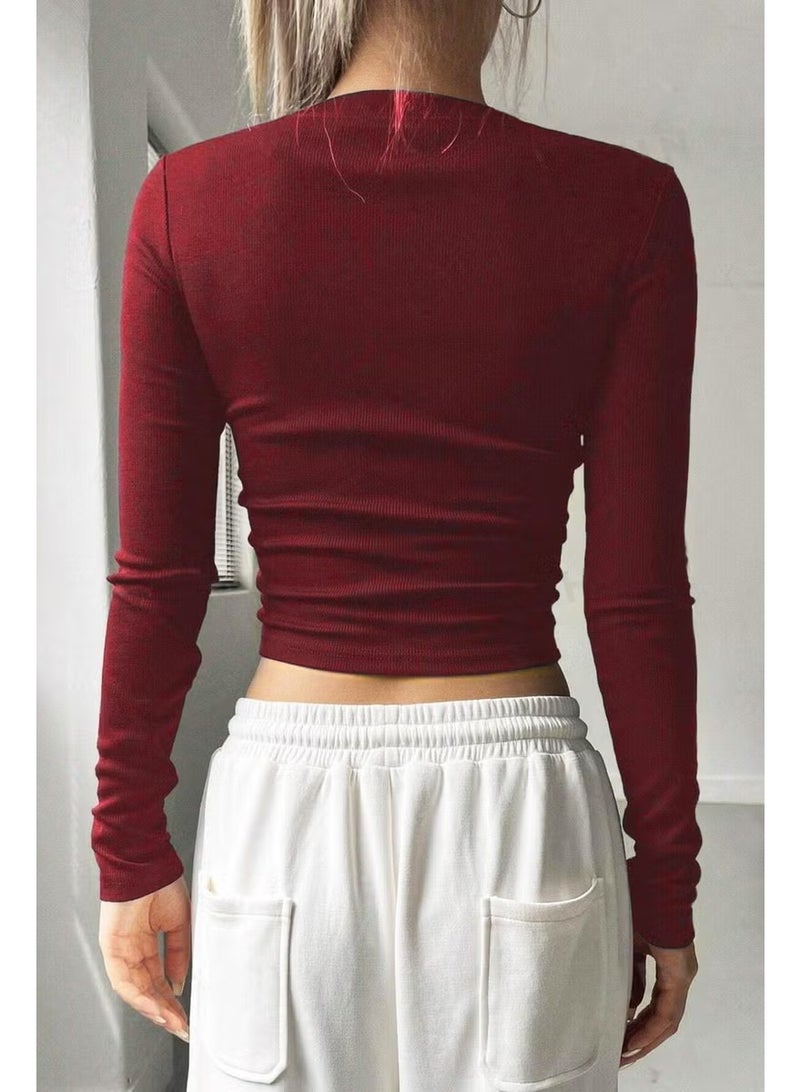 BRZ Collection Women's Long Sleeve Ribbed Basic Crop Blouse Claret Red - Image 2